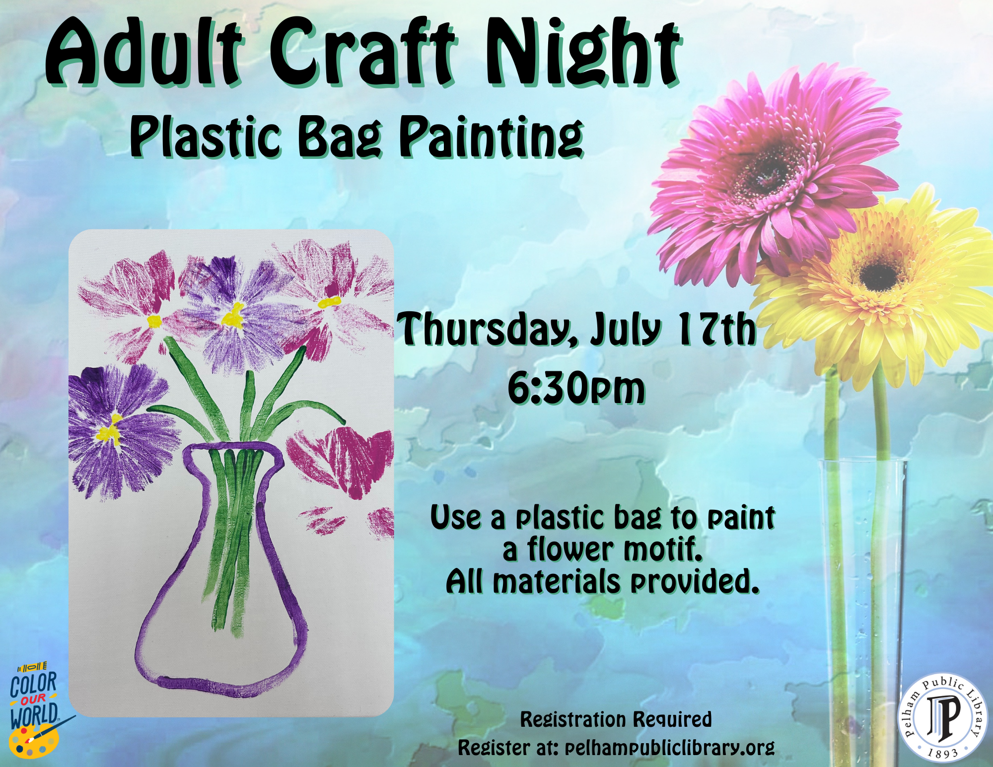 Adult Craft night: Plastic bag painting, Thurs, July 17th 6:30pm