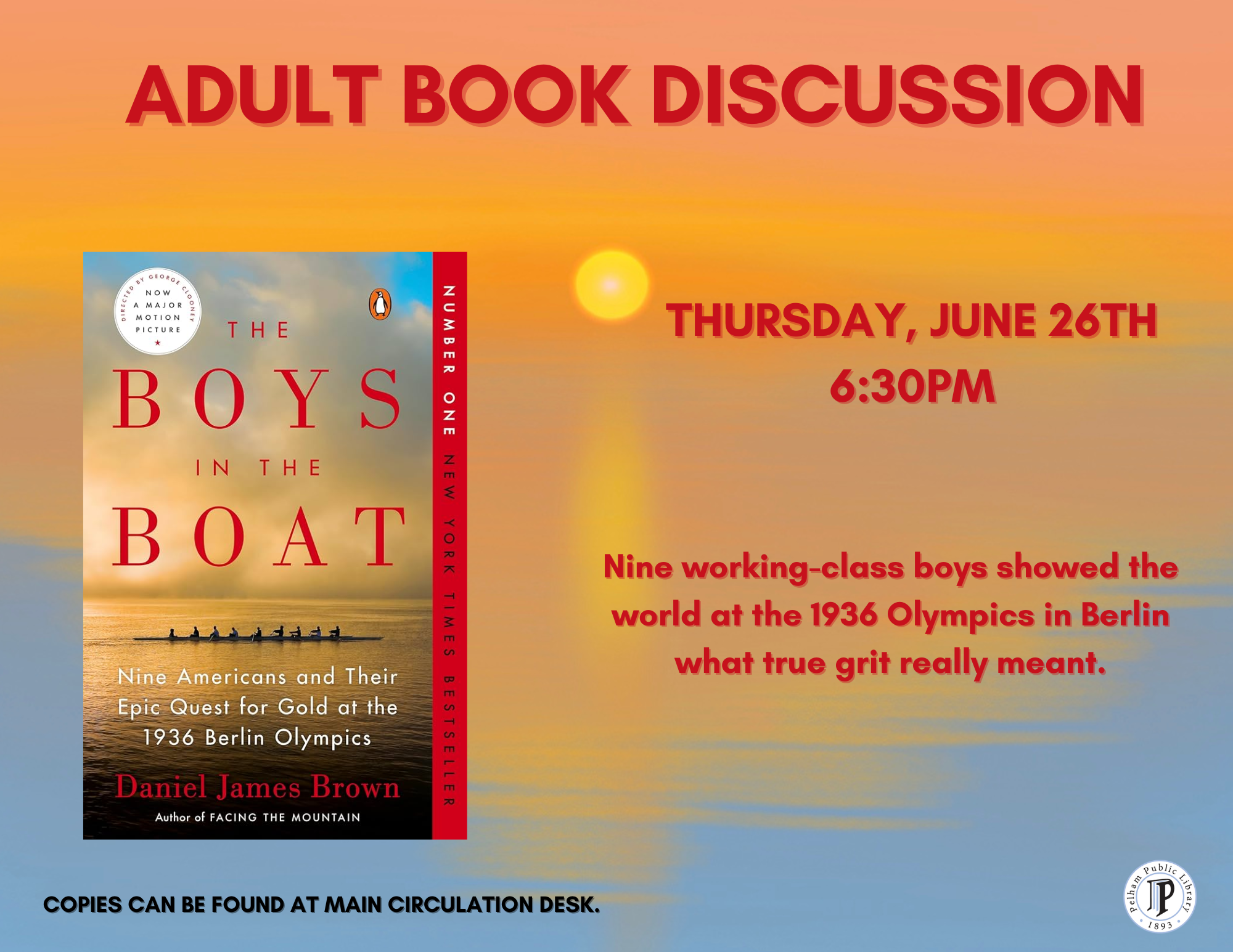 Adult Book discussion, Thurs, June 26th, 6:30pm